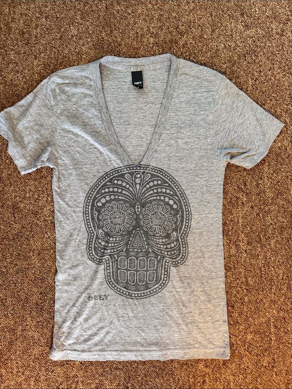 Obey Gray V-Neck Short Sleeve Tee with Decorative Skull Print